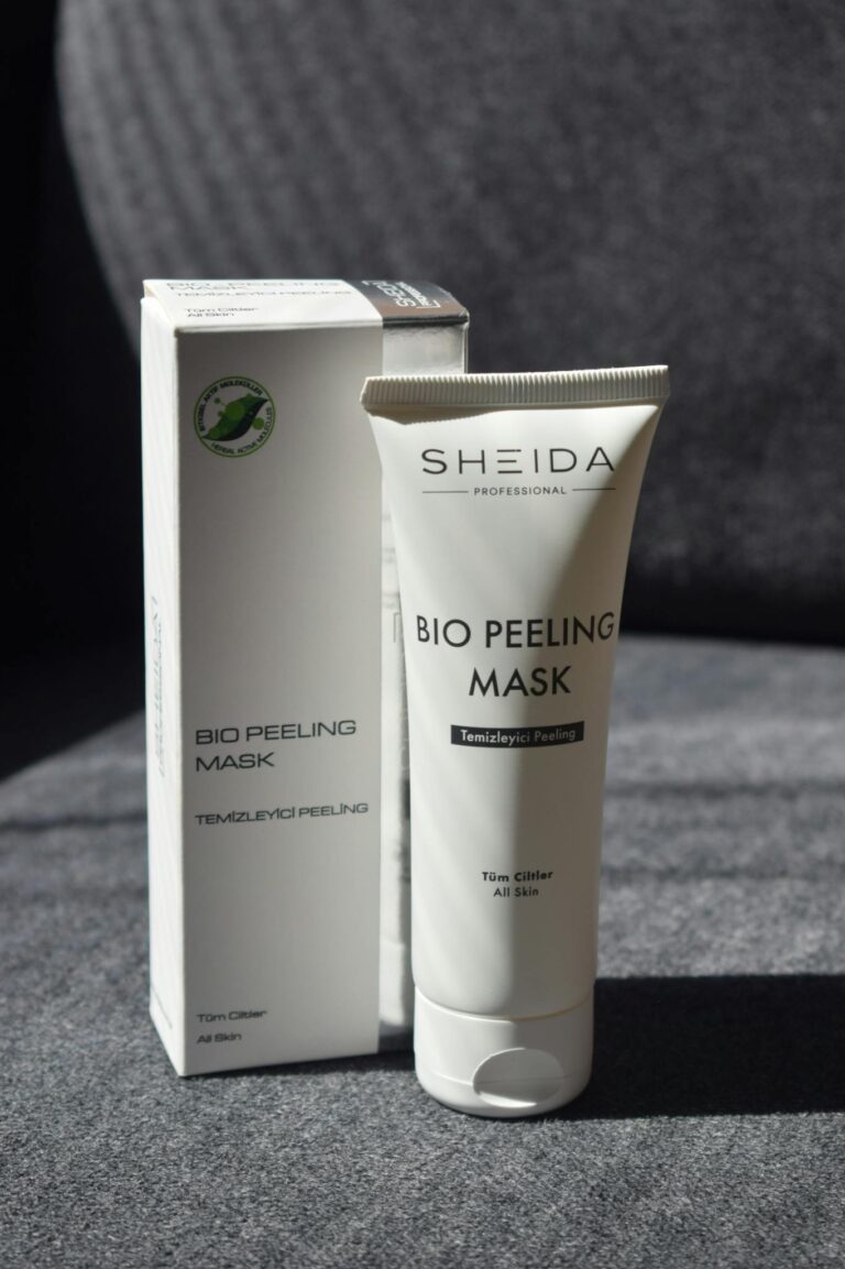 SHEIDA Bio Peeling Mask displayed on a soft surface with natural lighting.